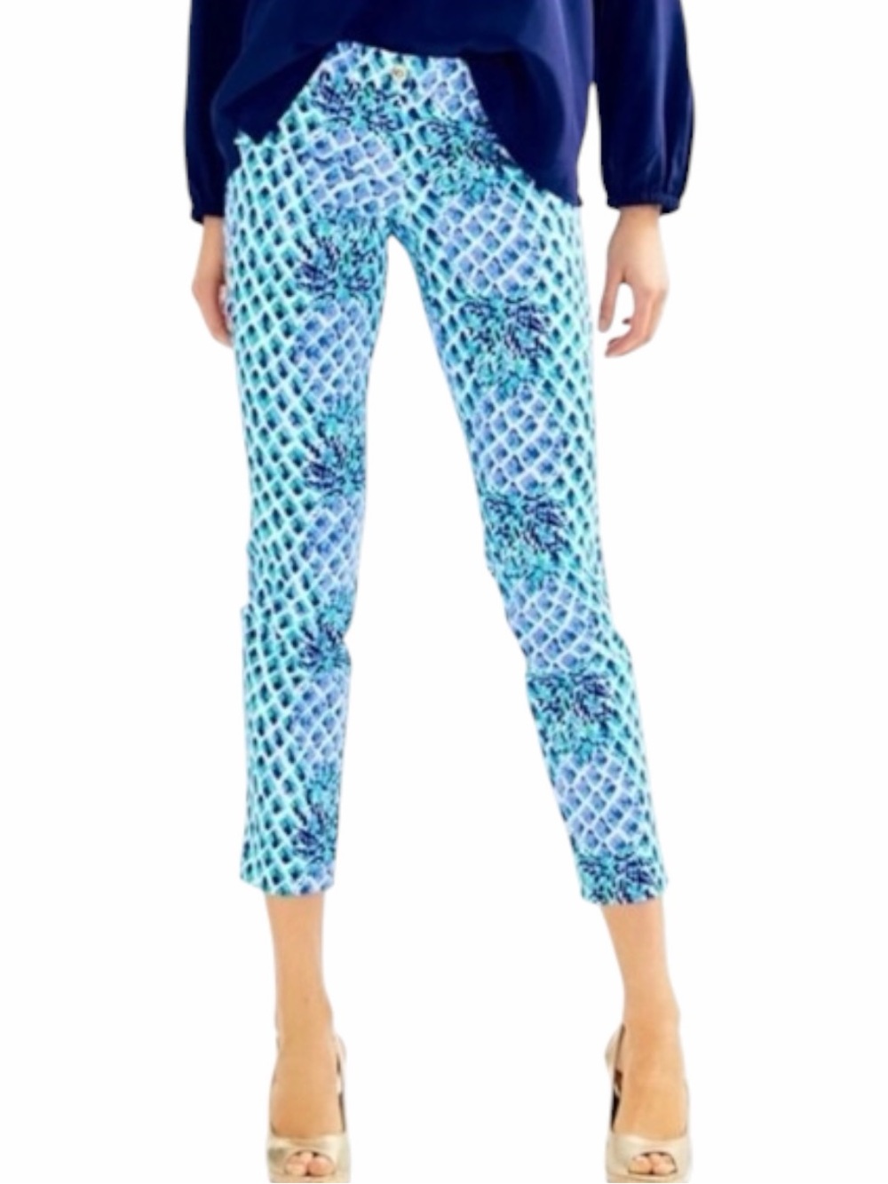Lilly Pulitzer Kelly Skinny Ankle Pants Toe In Blue Green Pineapple Lattice Sz 6